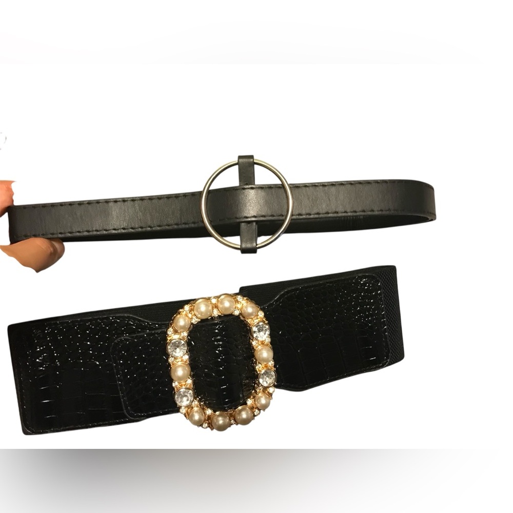 Waist Black Belt with Pearl and Crystal Buckle
